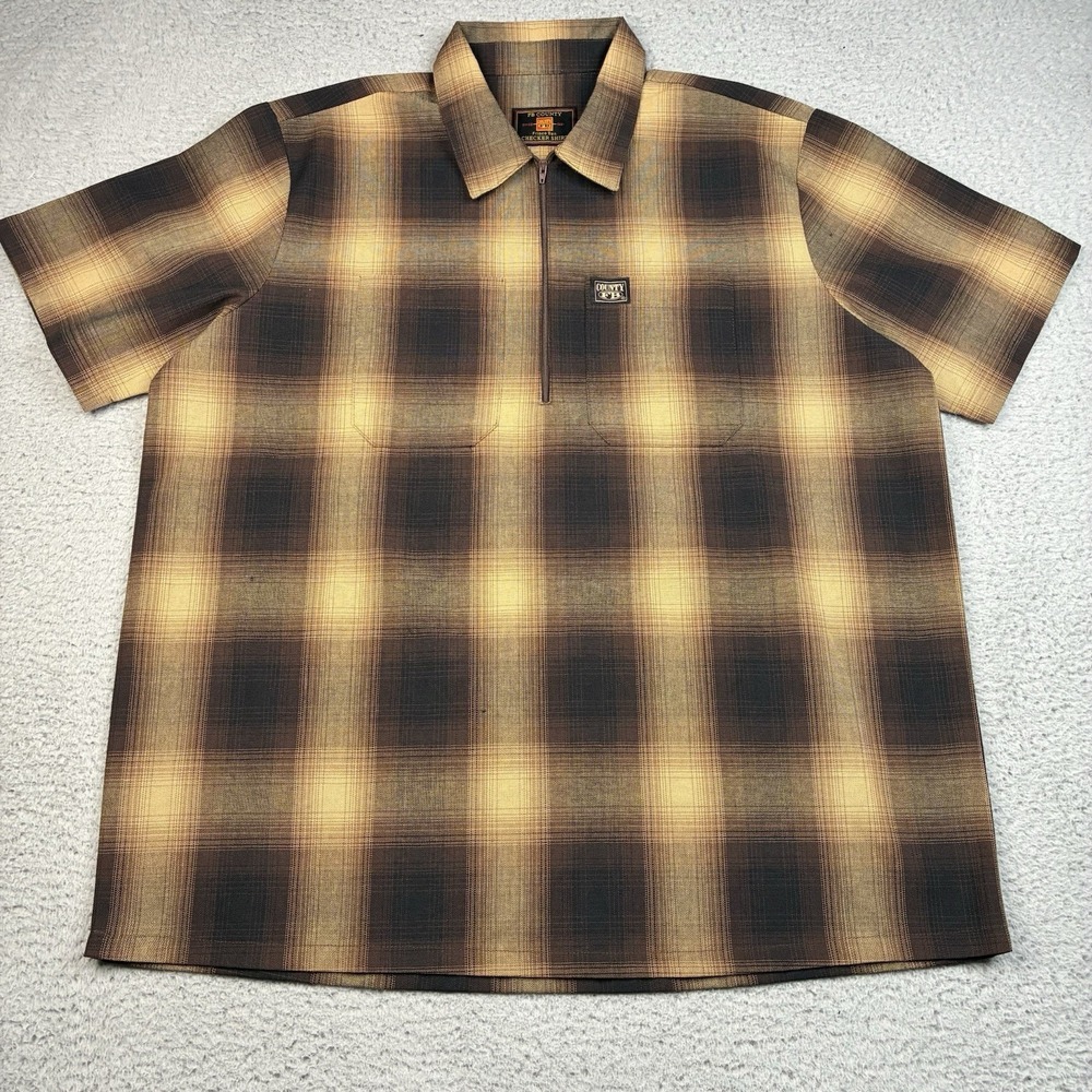 FB County Frisco Ben Checker Shirt Mens Medium Brown Tan Plaid Zip Shirt